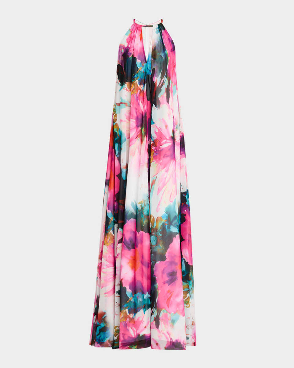 Cutout Floral-Print Trapeze Gown